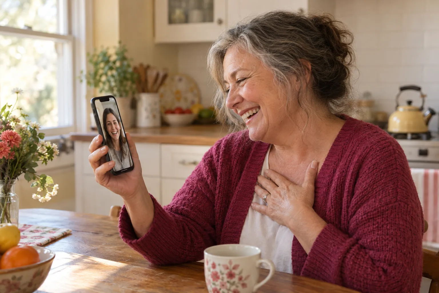 An AI-created scene of a mother laughing as her adult daughter smiles on her phone